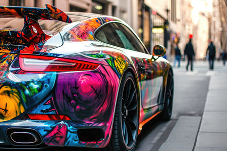 A brightly colored sports car is parked on the side of a busy road, adding a splash of color to the urban landscape, Sports car with vibrant graffiti paint, AI Generatedの素材