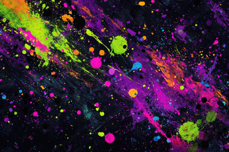 A photo featuring a black background adorned with vibrant paint splatters in various colors, Spatters of bright neon colors on a dark, contrasting background, AI Generatedの素材