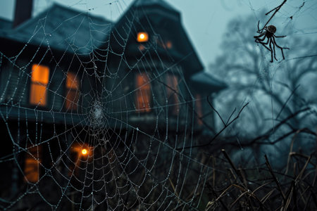 A creepy-looking house with a spider web in front, creating a haunting atmosphere, Spiders weaving intricate webs around a haunted house, AI Generatedの素材