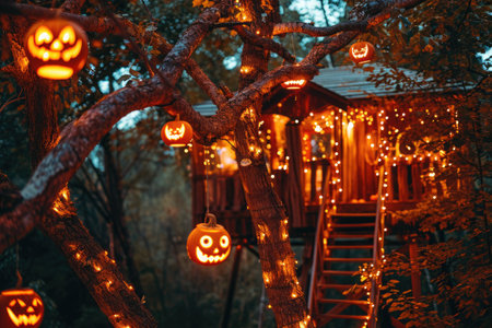 A tree house adorned with festive pumpkins and twinkling lights creates a charming and magical atmosphere, Spooky treehouse with jack-o-lanterns hanging from the branches, AI Generatedの素材