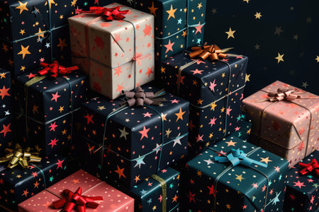 A group of presents are neatly stacked on top of each other, creating a visually appealing arrangement, Stacked gift boxes covered in star-studded wrapping paper, AI Generatedの素材