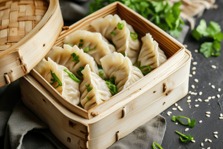 A wooden box on top of a table is packed with delicious dumplings, Steamed veggie dumplings placed neatly in an eco-friendly box, AI Generatedの素材