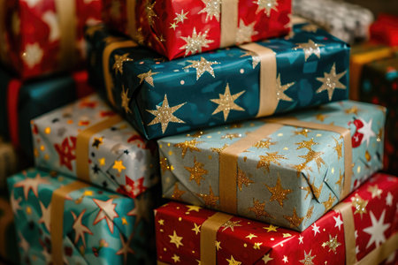 A stack of beautifully wrapped presents in various colors sits neatly on top of each other, Stacked gift boxes covered in star-studded wrapping paper, AI Generatedの素材