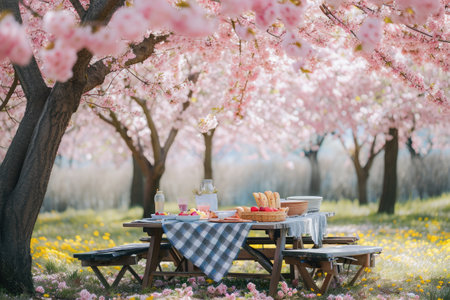 A picnic table with pink flowers underneath a tree provides a serene spot for outdoor dining, Springtime picnic in a blooming cherry blossom park, AI Generatedの素材