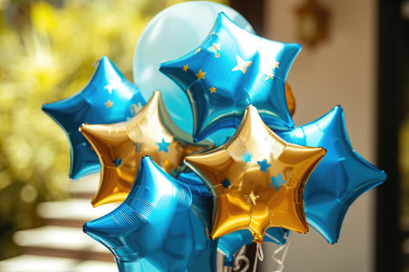A collection of blue and gold balloons neatly arranged in a vase, creating a vibrant and cheerful display, Star-shaped balloons in blue and gold for a birthday celebration, AI Generatedの素材
