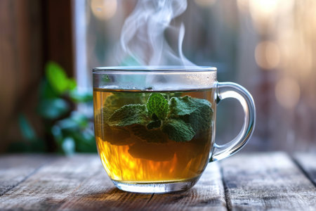 A cup of tea with a vibrant green leaf floating in it, showcasing the refreshing combination of natural elements, Steaming mug of refreshing mint tea, AI Generatedの素材