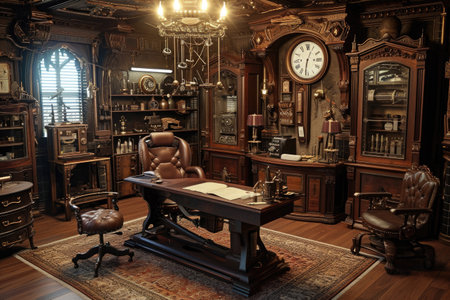A crowded room featuring a wide assortment of furniture, including chairs, tables, shelves, and a prominent wall clock, Steampunk version of a classic doctor's office, AI Generatedの素材