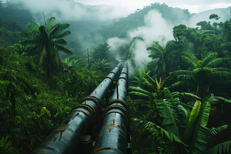 Large Pipe Crossing Through Forest Clearing, Steamy industrial pipelines in a tropical rainforest, AI Generatedの素材