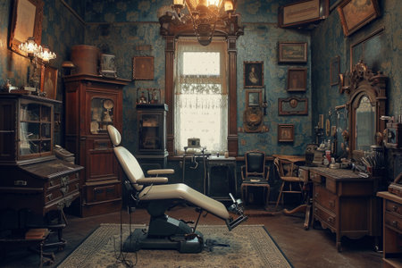 A well-lit room featuring a wooden chair and a grand piano against a decorated wall, Steampunk version of a classic doctor's office, AI Generatedの素材