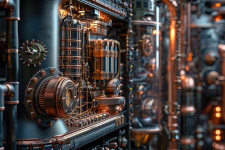 This photo captures a detailed view of a massive metal structure in an industrial environment, Steampunk style visualization of a NAS storage, AI Generatedの素材
