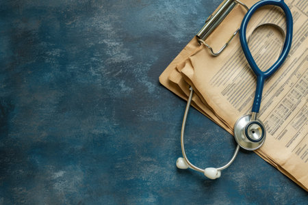 A blue stethoscope rests on a book, creating a visual representation of the medical profession and education, Stethoscope and medical report centered against an earthy toned backdrop, AI Generatedの素材
