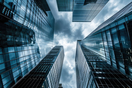 Impressive View of Skyscrapers Towering Above From Ground Level, Storm clouds casting dramatic shadows on glass skyscrapers, AI Generatedの素材