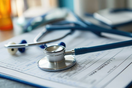 A stethoscope is placed on a medical paper, emphasizing the connection between healthcare and documentation, Stethoscope and medical report lying casually on a table, AI Generatedの素材