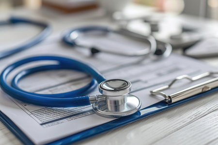 A stethoscope is laid neatly over a piece of paper, highlighting the connection between medical diagnosis and examination, Stethoscope tangled around a medical report on a clipboard, AI Generatedの素材