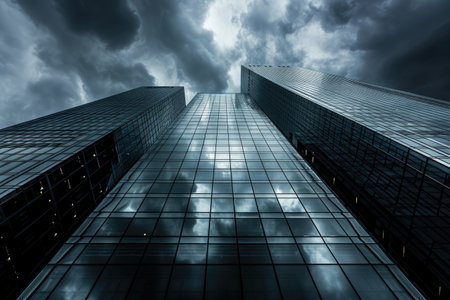 A photograph capturing the imposing presence of a very tall building against a backdrop of clouds, Storm clouds casting dramatic shadows on glass skyscrapers, AI Generatedの素材