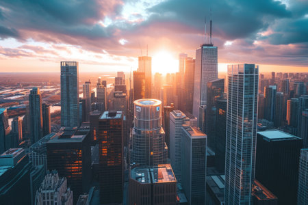 The sun casts a warm glow as it sets behind towering buildings in a bustling city, Stunning city skyline with skyscrapers bounding in architectural diversity, AI Generatedの素材