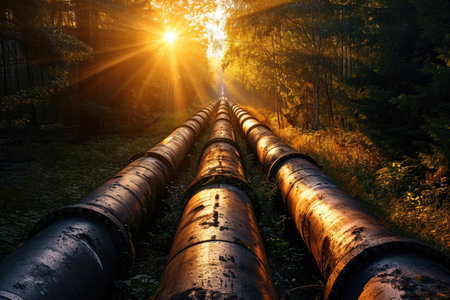 A massive pipe disrupts the natural landscape of a dense forest, standing prominently amidst the trees, Sunlight peeping through massive industrial pipelines in a forest, AI Generatedの素材