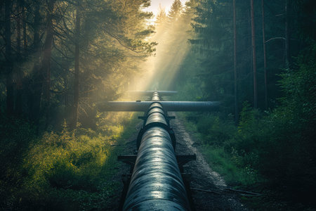 A long, rusty pipe stands in the middle of a forest, connected to a metal structure amidst the green trees, Sunlight peeping through massive industrial pipelines in a forest, AI Generatedの素材