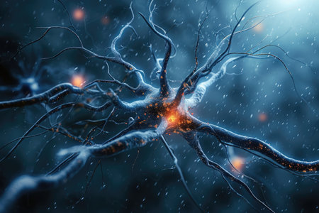 This computer-generated image showcases a tree covered in snow, emphasizing its intricate branch structure, Stylised representation of a neuron, AI Generatedの素材