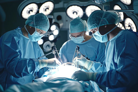 A team of doctors performing a surgery on a patient in a sterile operating room, Surgeons performing a robotic surgery, AI Generatedの素材
