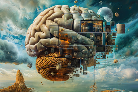 A painting depicting a brain filled with numerous cubes in various colors and sizes, Surreal depiction of NAS storage as different compartments of a brain, AI Generatedの素材