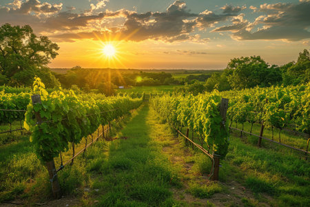 The sun casts a warm glow as it sets over rows of lush grapevines in a picturesque Napa Valley vineyard, Sun setting over a peaceful lush vineyard, AI Generatedの素材
