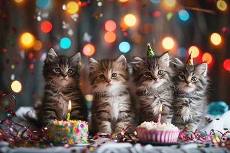 A joyful moment captured as a group of adorable kittens sit together in front of a birthday cake, eagerly awaiting celebration, Sweet and cute kittens celebrating a birthday, AI Generatedの素材