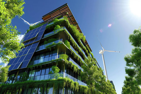 A tall, imposing building adorned with thriving plant life along its side, creating a striking visual contrast, Sustainable green building that uses solar and wind power, AI Generatedの素材