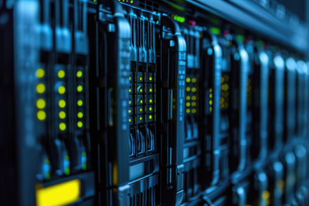 Row of Servers in a Data Center, Symbolic representation of the storage capacity of a NAS device, AI Generatedの素材