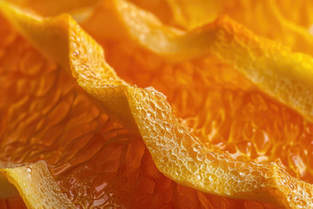 This close-up photo showcases the intricate details of a halved orange, revealing the vibrant segments and fresh juice droplets, Texture detail of a ripened orange peel, AI Generatedの素材