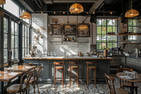 Spacious Restaurant With Numerous Tables and Chairs, The charm of an empty French style bistro kitchen, AI Generatedの素材