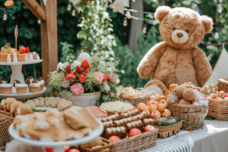 A teddy bear is seen seated beside a table that is abundantly filled with a variety of delicious food, Teddy bear picnic themed birthday event, AI Generatedの素材