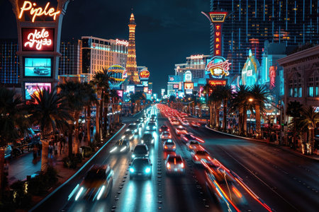 A city street at night is filled with a continuous flow of vehicles and bustling activity, The dazzling lights of Las Vegas strip, AI Generatedの素材