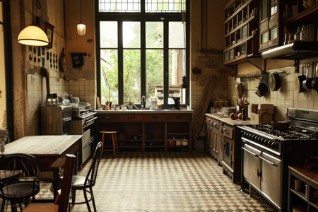 This photo captures a kitchen with a checkered floor and a large window, showcasing the open and bright space, The charm of an empty French style bistro kitchen, AI Generatedの素材