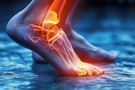A detailed close-up shot of a persons foot, featuring a glowing sole, The anatomy of a sprained ankle, AI Generatedの素材