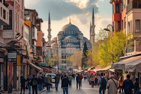 A busy street filled with a diverse crowd of people walking alongside towering buildings in the urban cityscape, The bustling streets and architecture of Istanbul, AI Generatedの素材