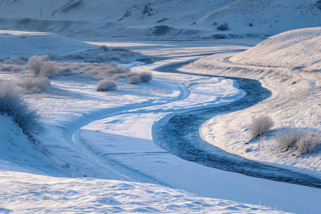 A winter scene of a landscape blanketed in snow, with a river running through it, The chilling beauty of a frozen river winding through a snow covered valley, AI Generatedの素材