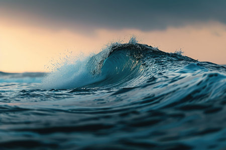 A large, powerful ocean wave crashes onto the shore against a backdrop of dark clouds, The gentle curve of a wave about to break, AI Generatedの素材