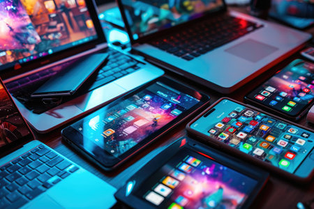 A collection of different cell phones and laptops neatly arranged on a tabletop, The impression of various digital ads appearing on multiple devices, AI Generatedの素材