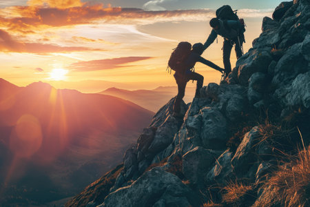 Two climbers ascending a mountain using ropes and harnesses, The essence of teamwork seen in a hiker aiding a friend during their mountain climb, AI Generatedの素材
