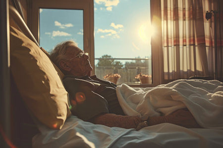 A man is seen lying on a bed positioned next to a large window in a cozy bedroom, The journey of a recovering post-surgery patient, AI Generatedの素材