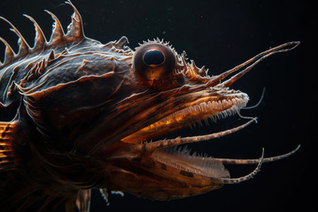 A detailed view of a fish, showcasing its features, against a black backdrop, The mysterious allure of a deep-sea anglerfish, set against a background of darkness, AI Generatedの素材