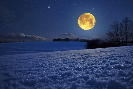 A full moon shines brightly in the sky, casting a soft glow on the snowy landscape below, The luminous glow of the full moon over a snow-covered field, AI Generatedの素材