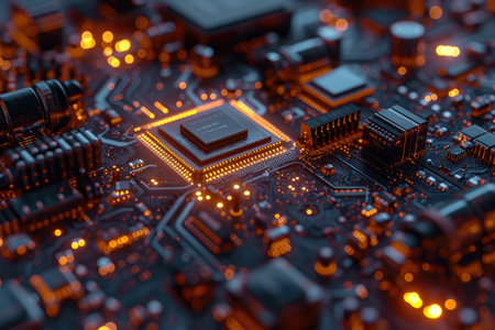 A detailed close-up view of a computer circuit board featuring numerous microchips and interconnected electrical components, The intricacies of a nanocomputer, AI Generatedの素材
