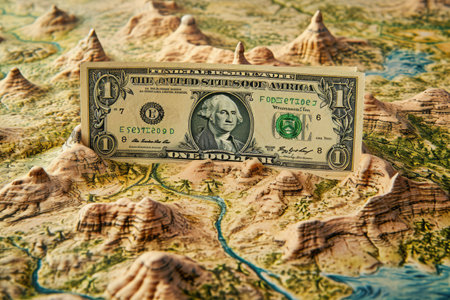 One Dollar Bill Placed on Top of a Map, The journey of a dollar bill through the financial system, AI Generatedの素材