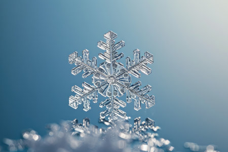 A close-up photo capturing the intricate details of a sparkling snowflake resting on a vibrant blue background, The intricate beauty of a single snowflake against an icy blue background, AI Generatedの素材