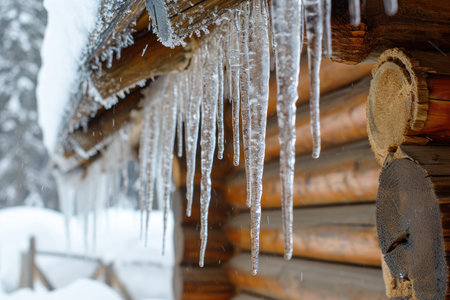 Long ice formations hang from the roof of a rustic log cabin, Thick icicles hanging from the eaves of a rustic log cabin, AI Generatedの素材