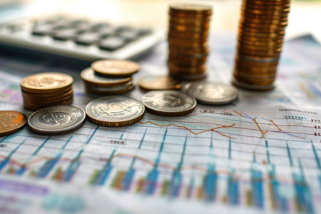A stack of coins sitting on top of a table next to a calculator, ready for financial calculations, The symbolic representation of profit and loss accounts, AI Generatedの素材