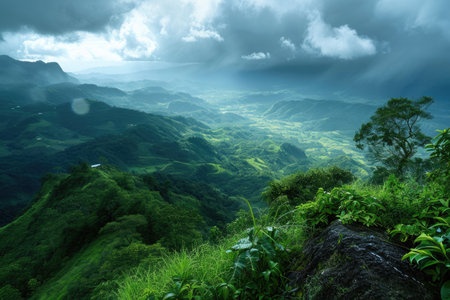 A sweeping panoramic view of a valley with lush green mountains rising majestically in the distance, The view from a mountaintop overlooking a verdant valley, AI Generatedの素材