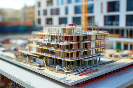 A detailed model of a building under construction, showing a crane and workers in action, Three-dimensional building model within the backdrop of a construction site, AI Generatedの素材